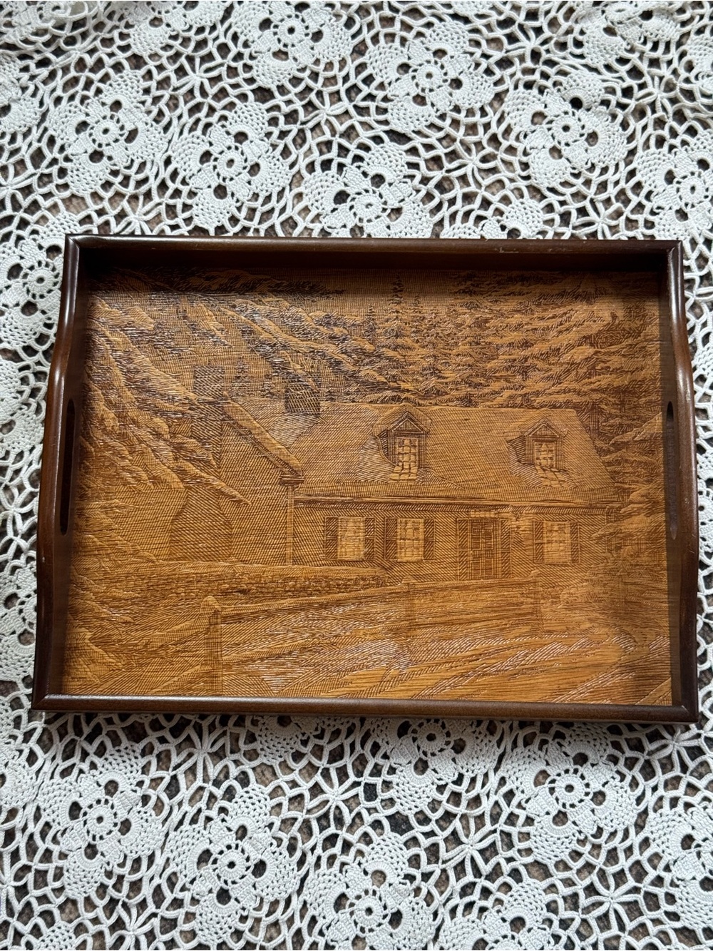 Vintage House of Lloyd Wood Serving Tray Country Cabin Farmhouse Scene
